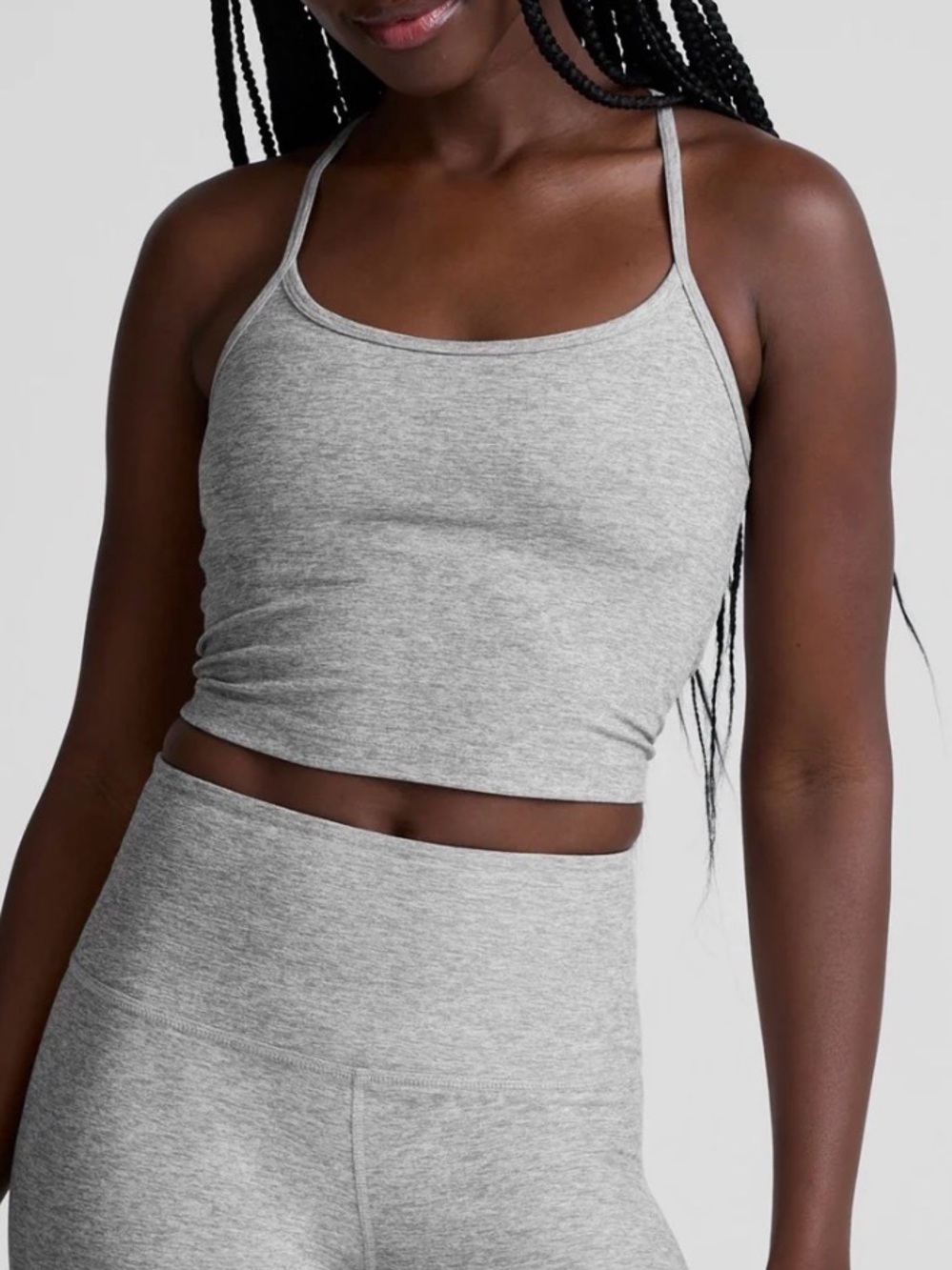 Beyond Yoga Spacedye Slim Racerback Crop Top in a heathered purple hue